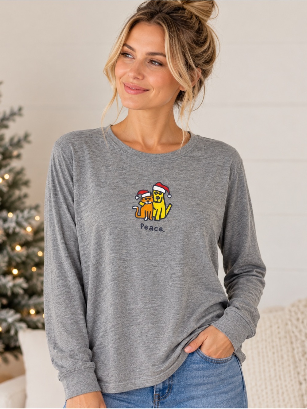 Life Is Good Vintage Christmas Peace Dogs Long Sleeve Tee Gray XL